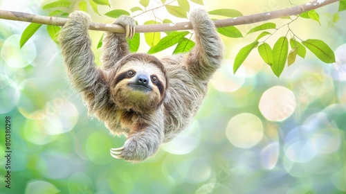  A three-toed sloth hangs from a tree branch in a tropical forest (repeating boke is unnecessary, assumed to be for effect; consider using blur