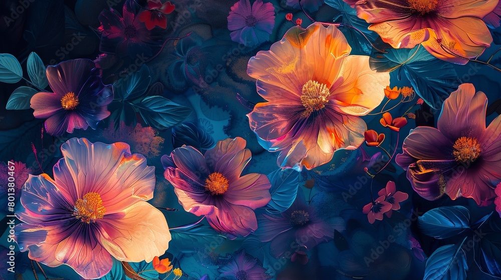 Close-up of vivid psychedelic florals, blending abstract and natural elements for a dreamy effect. Close-up of vivid psychedelic florals, blending abstract and natural elements for a dreamy effect.