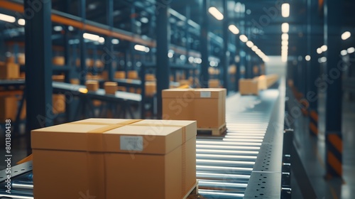 efficiency of modern shipping processes with a cinematic image of parcels gliding along a conveyor belt in a well-organized warehouse setting. © Artistic_Creation