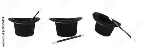 Фотография Collage with black magician hat and wand isolated on white, different sides