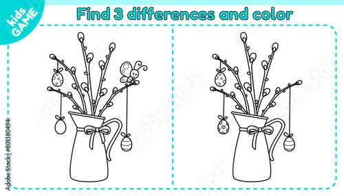 Kids game Find 3 differences. Cartoon jug with pussy willow. Willow branches decorated with Easter eggs. Spot the differences. Puzzle for children. Outline vector illustration of the Easter decoration