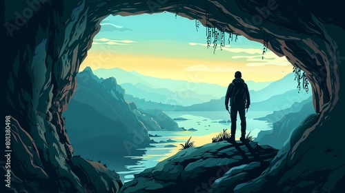 Vector illustration depicting a person at the entrance of a cave.