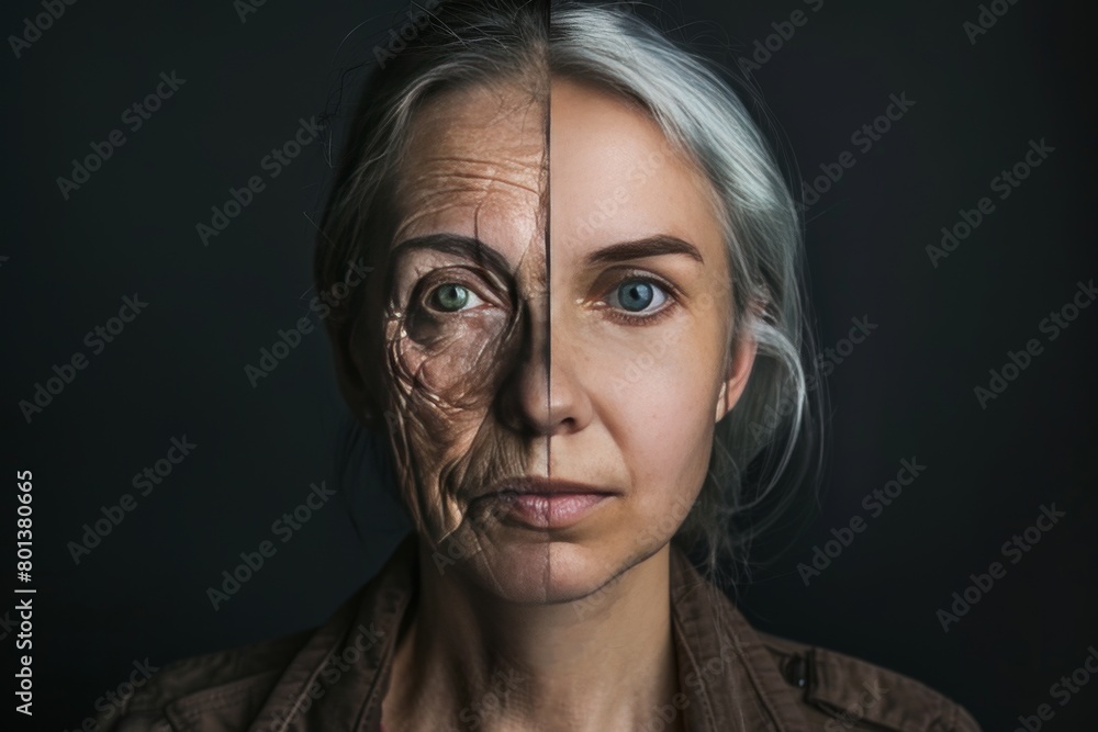 Fototapeta premium Aging depiction and beauty regimen's effects on facial skin through lifting and bleaching, split into two age stages.
