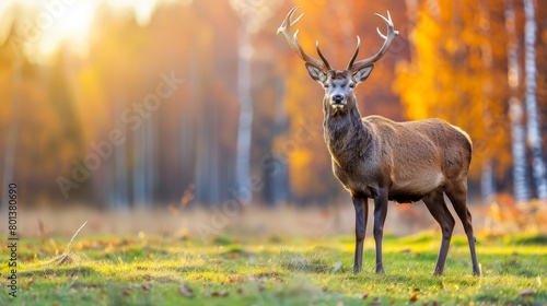  A close-up of a deer in a field Trees form the background, and grass blankets the foreground