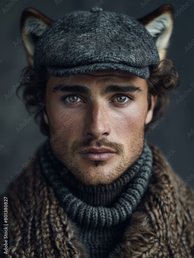 A tight shot of an individual donning a hat and a scarf, adorned with a feline head atop A tight shot of an individual donning a hat and a scarf, adorned with a feline head atop