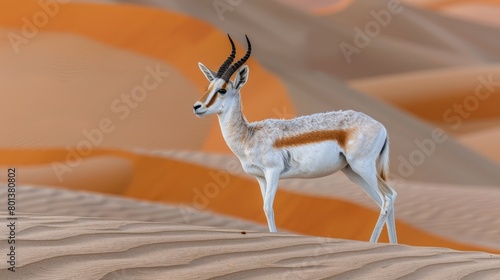   A gazelle posed in a desert's heart, sand dunes encircling, mountain range distantly loomed photo