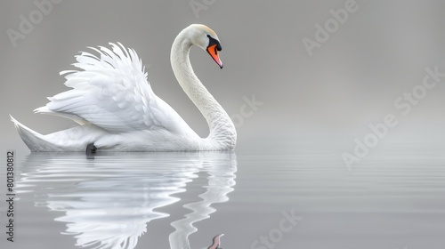   A large white swan glides atop the lake, nearby, a small bird spreads its wings © Jevjenijs