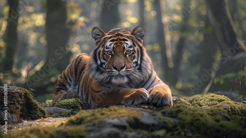   A tiger sits in a forest  moss covering the ground beneath it Trees loom in the background