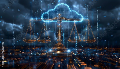 Circuit board with scales of justice and cloud computing concept. 3D rendering.