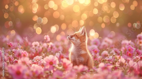  A small fox seated in a flower-filled field, basking in the sunlight on its back