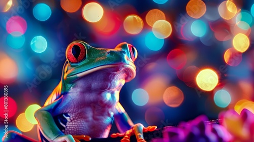   A tight shot of a frog perched on a branch against a background of indistinct lights photo