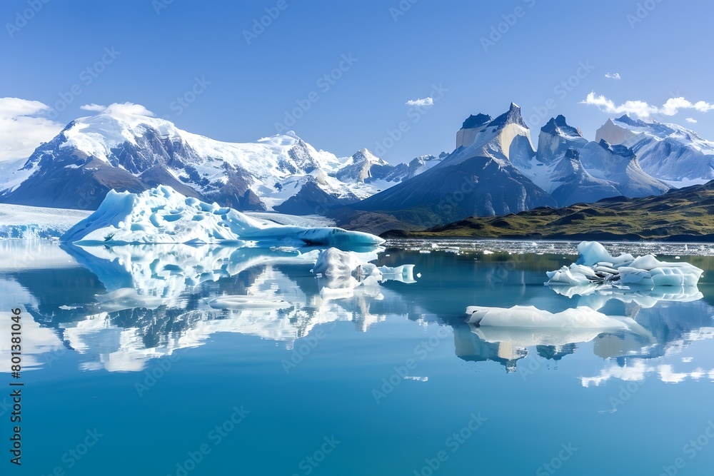 Breathtaking Glacier Calving into Crystalline Alpine Lake with Towering Snowy Mountains Reflected on Glassy Surface