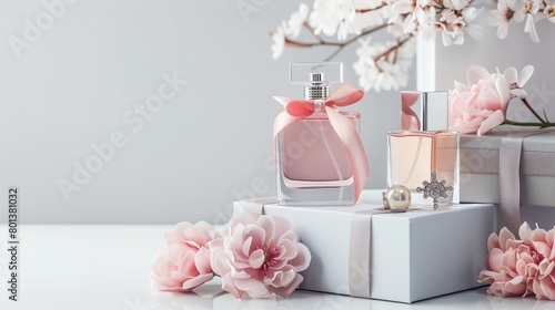 Pink Perfume Bottles with Gift Boxes and Flowers on White Background, Elegant Romantic Display for Beauty and Luxury Lifestyle