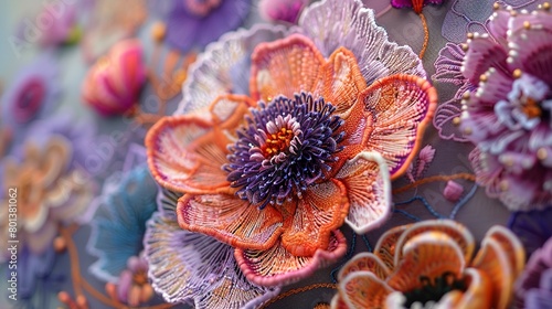 Close-up of a unique fusion between abstract floral art and delicate lacework, highlighting fine details.  photo