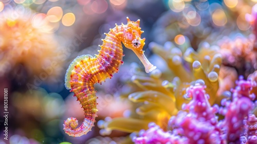  A tight shot of a seahorse among corals, with corals in the backdrop