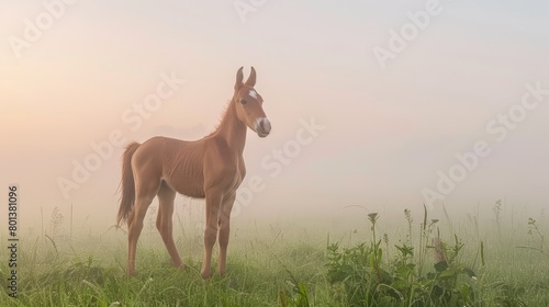   A horse stands in a foggy field  surrounded by tall grass  holding a ball in its mouth