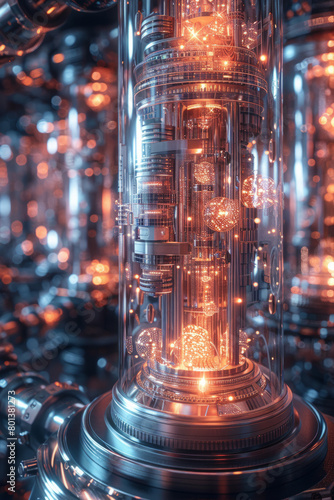 A depiction of a quantum computing center, with supercooling systems and entangled particles visualized, photo