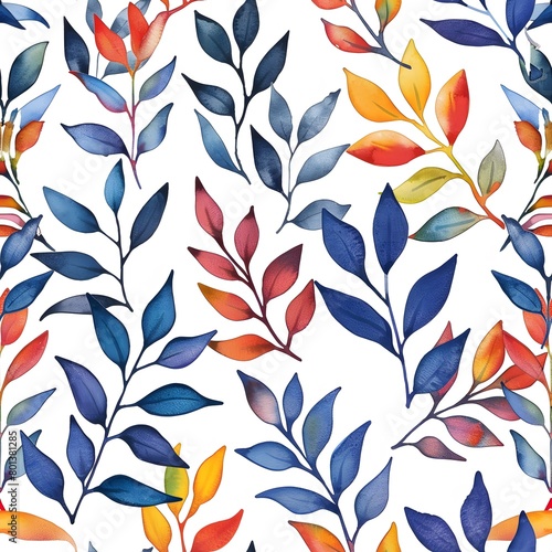watercolor leaves pattern, colorful, white background