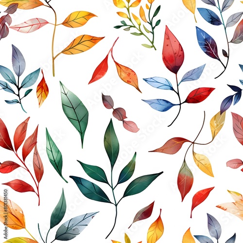 watercolor leaves pattern  colorful  white background