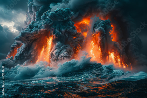 A stylized underwater volcanic eruption, with abstract lava flows and ash clouds under the sea,