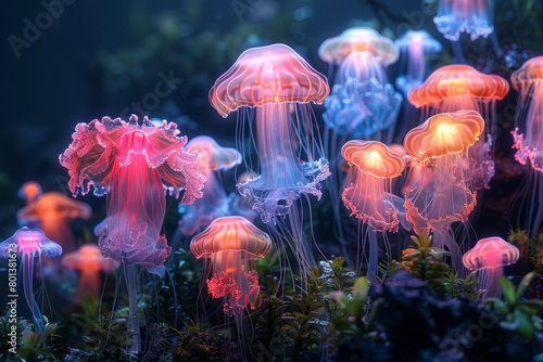 A conceptual model of bioluminescent sea creatures, each emitting a different colored light in the deep ocean,