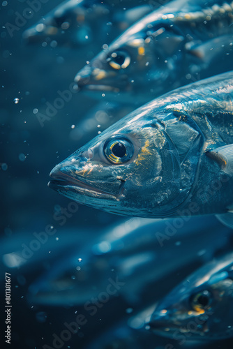 A stylized portrayal of a barracuda school, with each fish a sleek, streamlined blade cutting through water, © Oleksandr