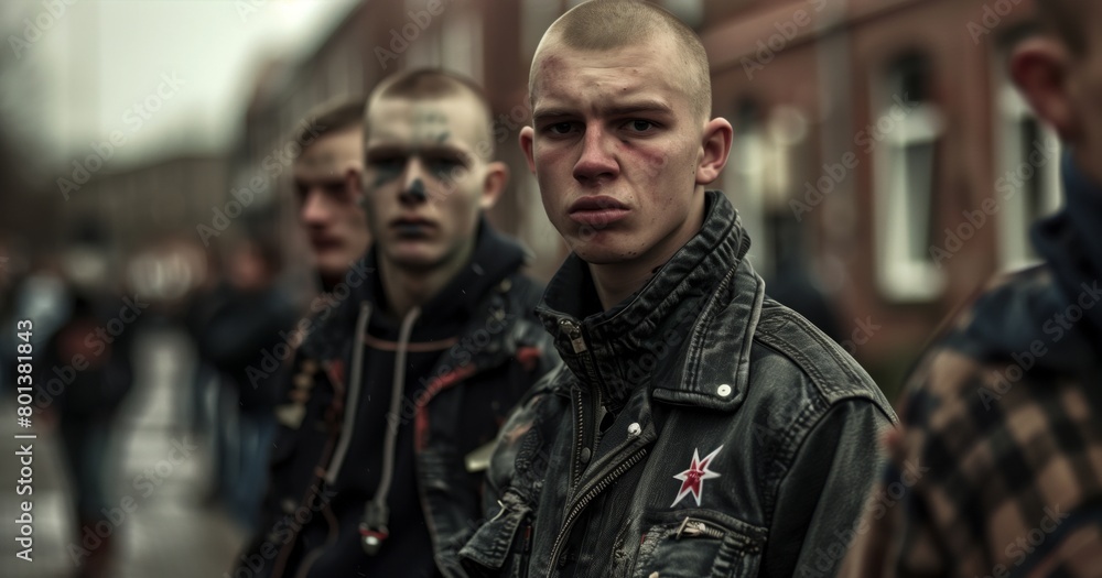 Intense portrait of a young bald man with other blurred masculine figures in the background on a city street.