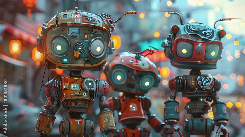 fusion of art and technology with an image of small robots adorned with unique designs and colorful embellishments, reflecting the personality of their creator.