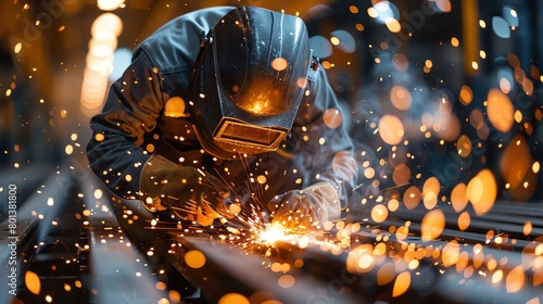 A welder wearing protective gear is welding a metal beam, sparks are flying from the welding torch.