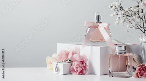 Elegant Perfume Bottles with Pink Flowers and White Gift Boxes on Minimal Background, Luxury Scent and Romantic Decoration