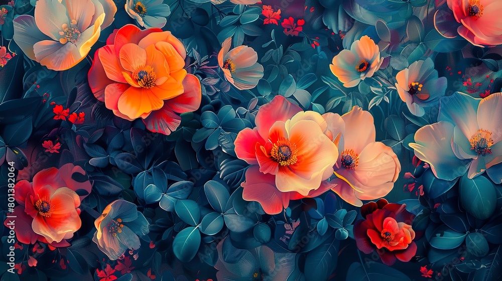 Detailed view of abstract, solarized florals, where traditional floral beauty meets contemporary art techniques. Detailed view of abstract, solarized florals, where traditional floral beauty meets contemporary art techniques.