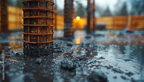 Close-up of a concrete foundation with rebar sticking out. The concrete is wet and there is water on the ground. There is a light in the background.