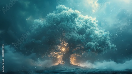The prompt for this image is "tree of life, bio luminescent, blue, white, glowing, ethereal, serene, peaceful, concept art". © Parinwat Studio