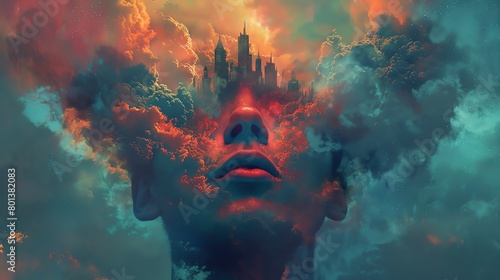A surreal digital art piece showing a Kingman with a crown made of clouds, floating above a surreal landscape, painted in vibrant, dreamlike colors photo