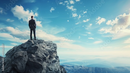 Businessman standing on a mountain peak  overlooking vast landscape under a clear blue sky.