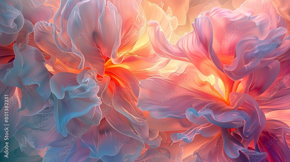 Abstract and ethereal florals merge, showcasing a delicate dance of colors and shapes in a close-up perspective. 
