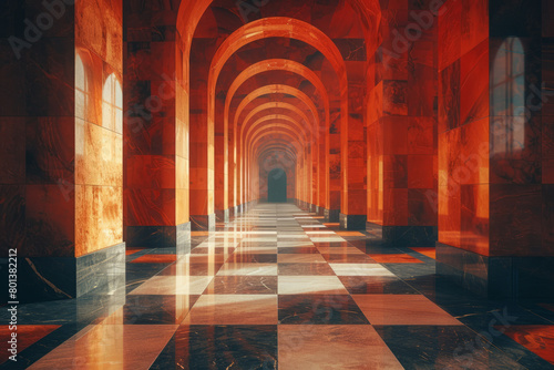 An infinite fractal hallway, with walls decorated in a self-similar pattern that recedes into the distance, photo
