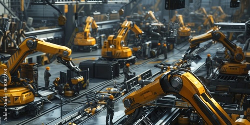 Robot machine arm working and checking electronic parts at production line. Factory machine or robotic electronic device working while industrial worker or engineer inspecting machines. AIG42.