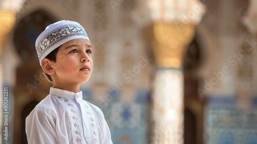 A young boy wearing a traditional white thobe and embroidered kufi at a mosque, with ornate architectural background. photo