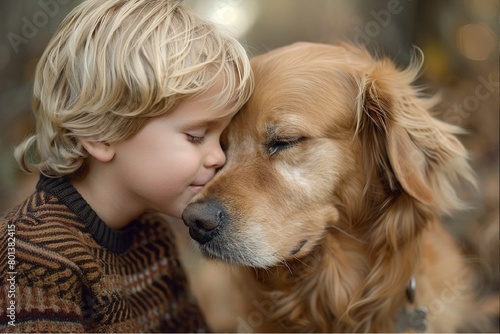 Stunning high resolution photos of a handsome 5 year old boy looking lovingly at his dog.