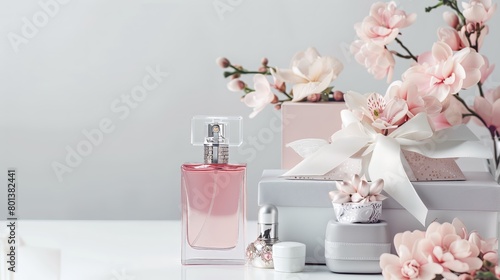 Pink Perfume Bottle with Elegant Gift Boxes and Blossoming Flowers on White Background, Luxury Fragrance and Romantic Decor