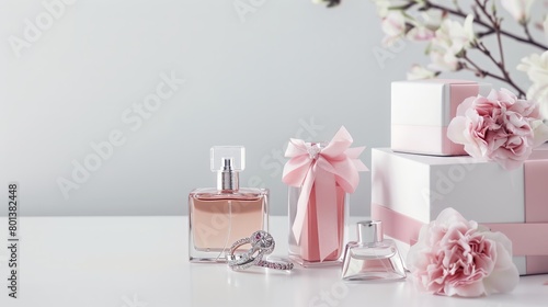 Luxury Perfume Bottles with Pink Gift Boxes and Blossoming Flowers on White Background, Elegant Fragrance and Romantic Decor