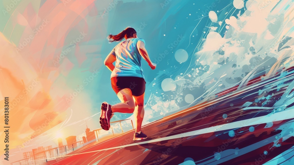 Woman running on a track with urban background. Healthy living and fitness concept Woman running on a track with urban background. Healthy living and fitness concept