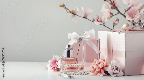 Pink Perfume Bottle with White Ribbon Beside Elegant Gift Boxes and Blossoming Flowers on White Table for Luxury Romantic Decor