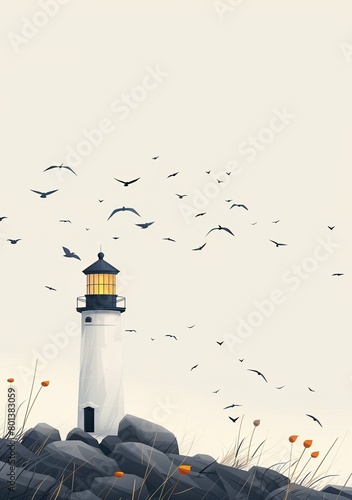 Lighthouse shining brightly on the sea, minimalistic with retro colors