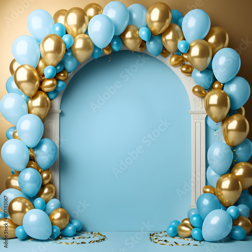 Blue and gold balloons and white arch on blue background.