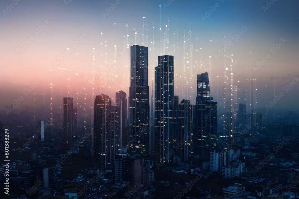 Futuristic cityscape at twilight with glowing skyscrapers merges urban and digital innovation Futuristic cityscape at twilight with glowing skyscrapers merges urban and digital innovation