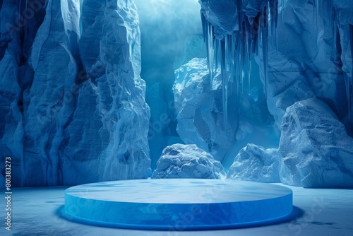 Ice cave with a glowing blue crystal in the center.