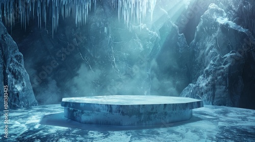 An icy cavern with a glowing blue crystal in the center. photo