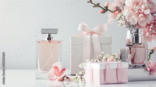 Luxury Pink Perfume Bottles with Gift Boxes and Blossoming Flowers on White Background for Romantic Beauty and Celebration